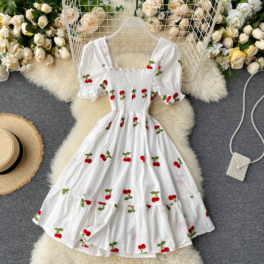 Western Style Square Neck Elastic Slim Embroidery Dress Summer