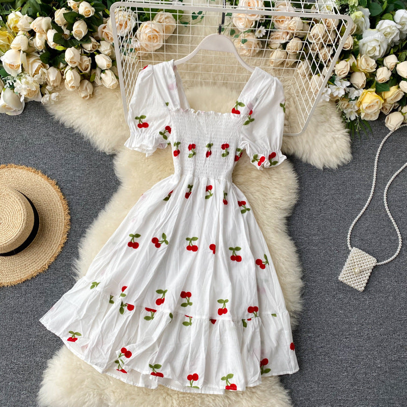 Western Style Square Neck Elastic Slim Embroidery Dress Summer