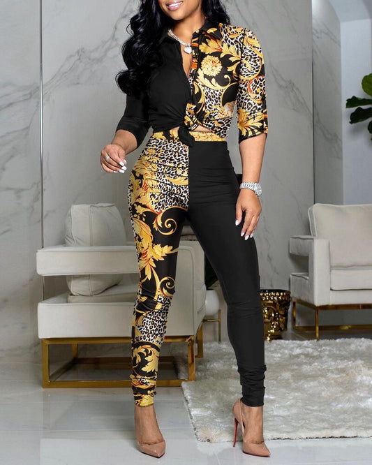 Women Fashion Scarf Chain Print Two Piece