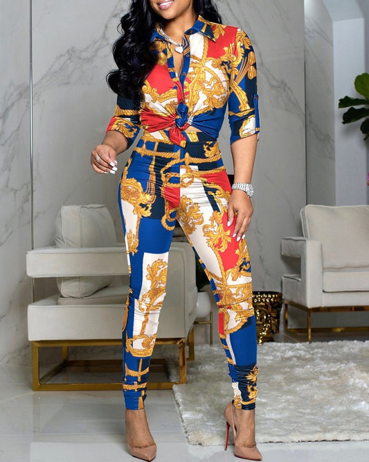 Women Fashion Scarf Chain Print Two Piece