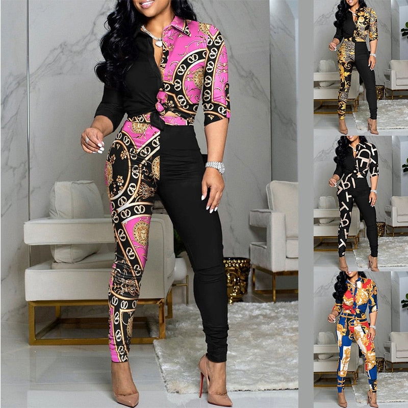 Women Fashion Scarf Chain Print Two Piece
